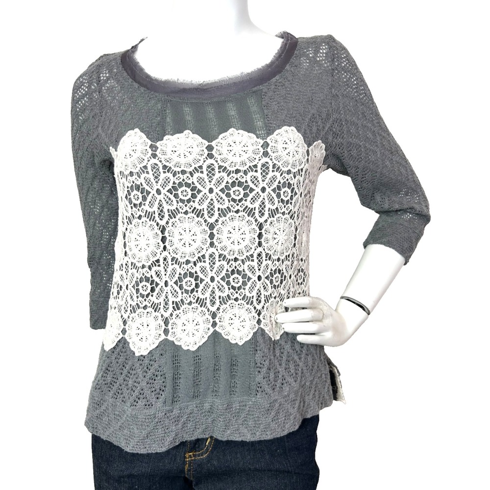 Meadow Rue Anthropologie Crochet Lace Romantic Boho Medallion Blouse Top S Gray